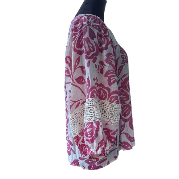 Zac & Rachel Boho Floral Lace Crochet Peasant Blouse Magenta Pink White Medium - Picture 6 of 8